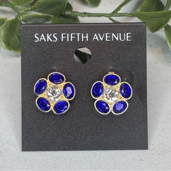 Saks Fifth Ave Gold Tone Blue Crystal Flower Post Earrings - Picture 2 of 8